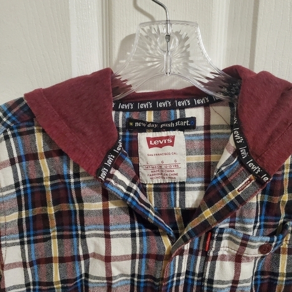 Levi's Big Boys Hooded Plaid Fannel Button Down Shirt Size Large - Picture 4 of 7